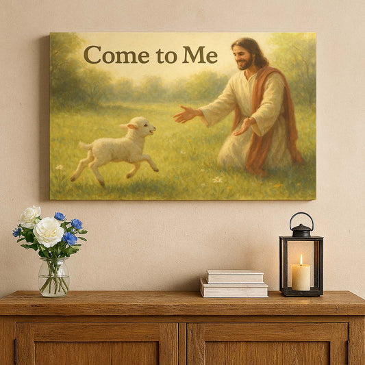 Jesus Welcoming Lamb in Meadow, Wall Art Canvas