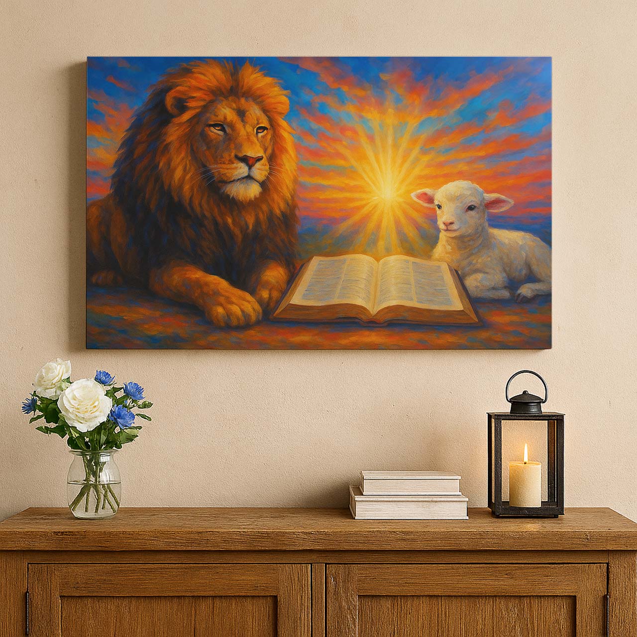 Lion and Lamb Before the Open Bible, Wall Art Canvas
