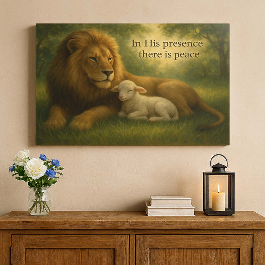 Lion and Lamb Under 'In His Presence There Is Peace', Wall Art Canvas