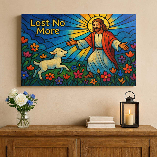 Jesus Reaching Out to the Lamb in Stained Glass, Wall Art Canvas
