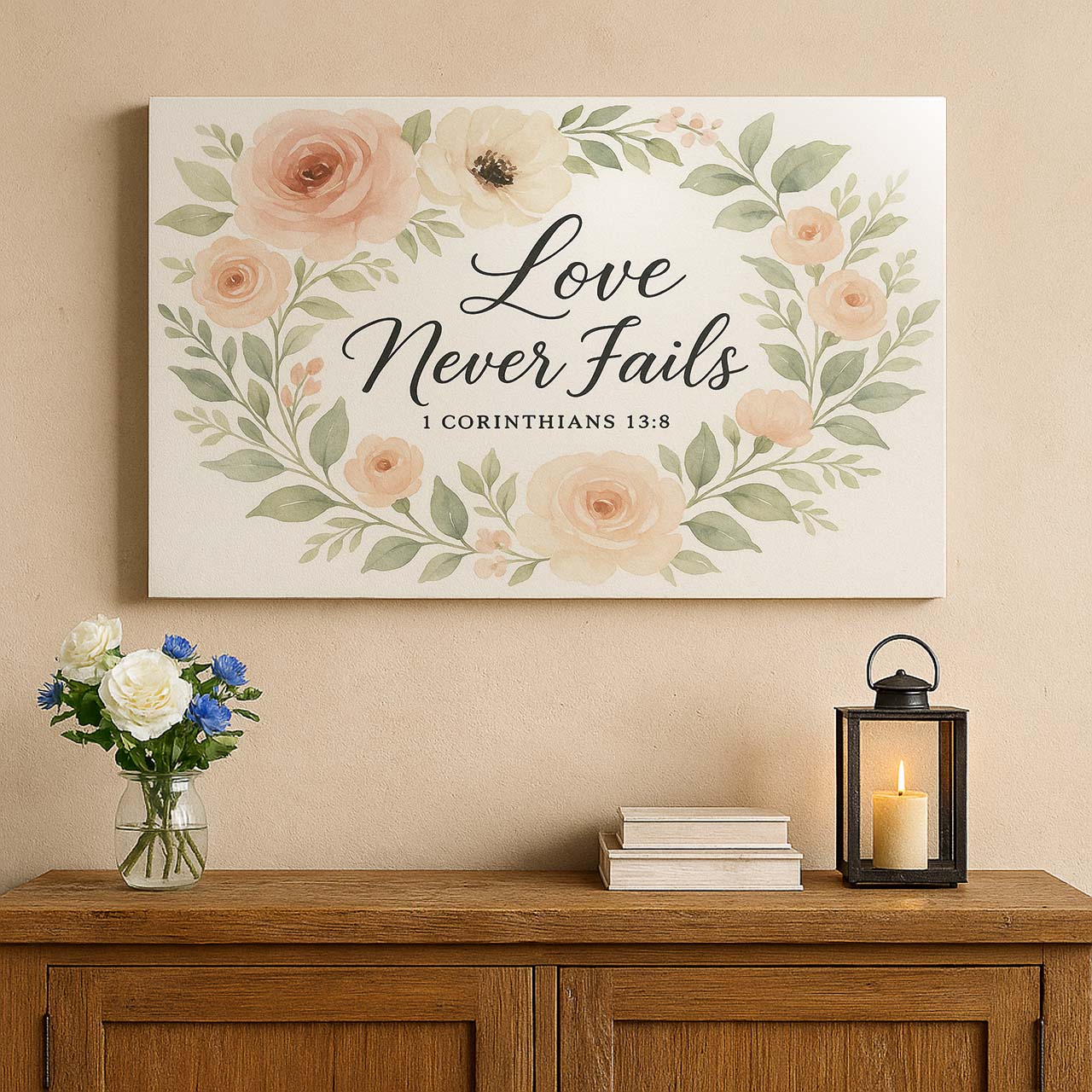Love Never Fails 1 Corinthians 13:8 Floral Design, Wall Art Canvas
