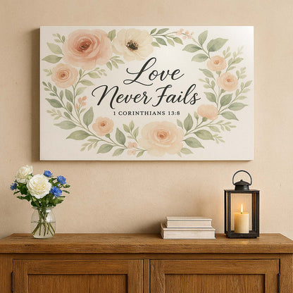 Love Never Fails 1 Corinthians 13:8 Floral Design, Wall Art Canvas