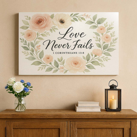 Love Never Fails 1 Corinthians 13:8 Floral Design, Wall Art Canvas