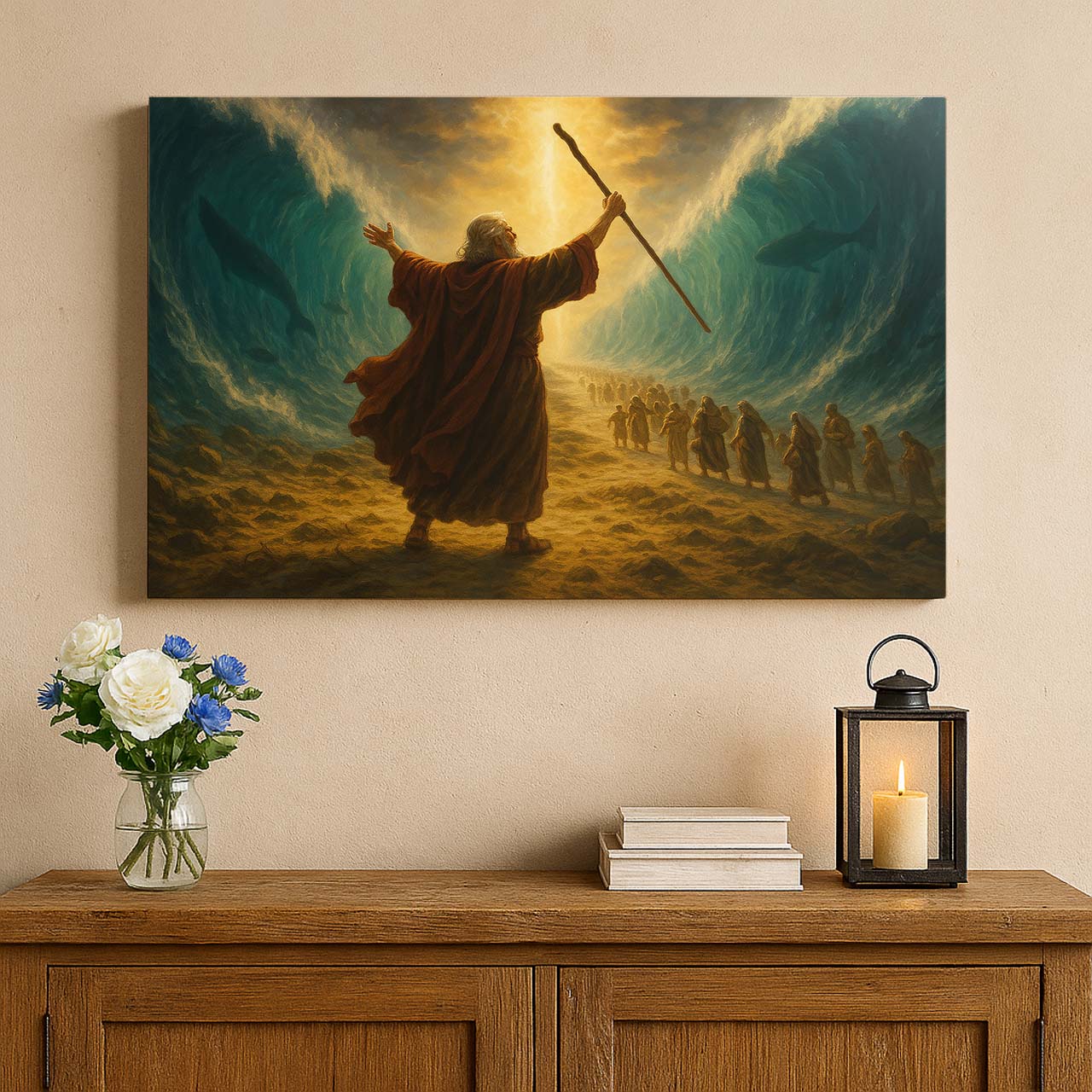 Moses Parting the Red Sea Under Divine Light, Wall Art Canvas
