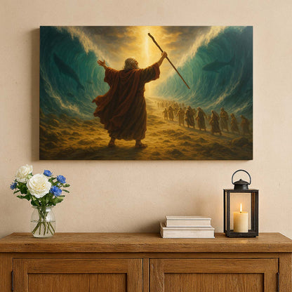 Moses Parting the Red Sea Under Divine Light, Wall Art Canvas