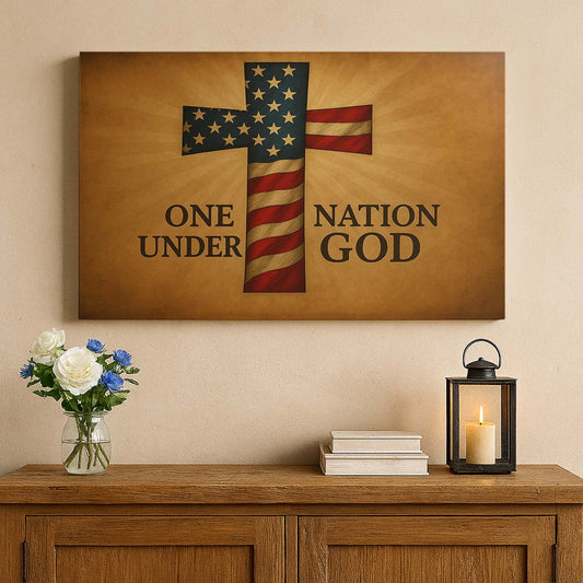American Flag Cross Adorned by 'One Nation Under God' Typography, Wall Art Canvas
