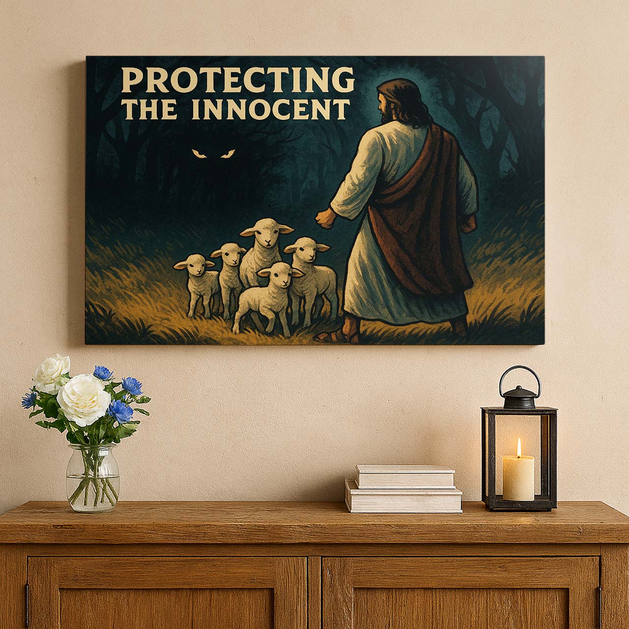 Jesus Protecting the Lambs in the Dark, Wall Art Canvas