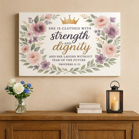 Floral Wreath of Strength and Dignity Proverbs 31:25, Wall Art Canvas