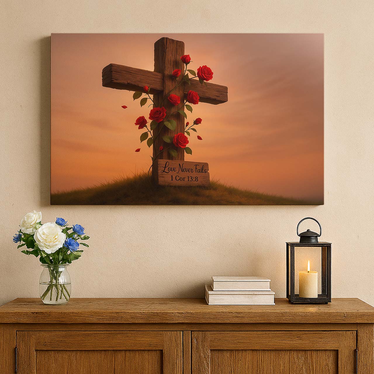 Wild Roses Entwined on Rustic Cross, Wall Art Canvas