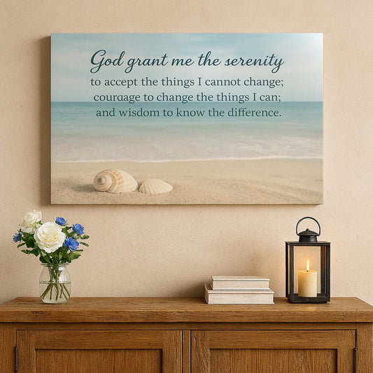 Serenity Prayer on Tranquil Beach, Wall Art Canvas