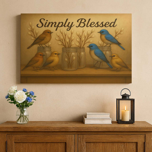 'Simply Blessed' Rustic Farmhouse Birds, Wall Art Canvas