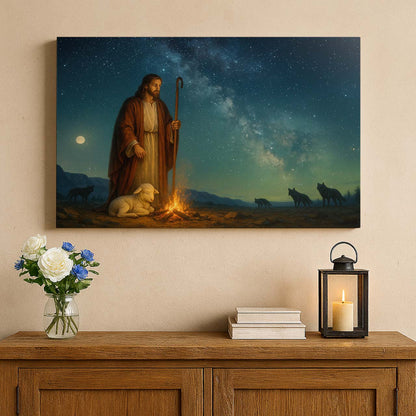 Jesus Guarding Lamb Under Starry Sky, Wall Art Canvas