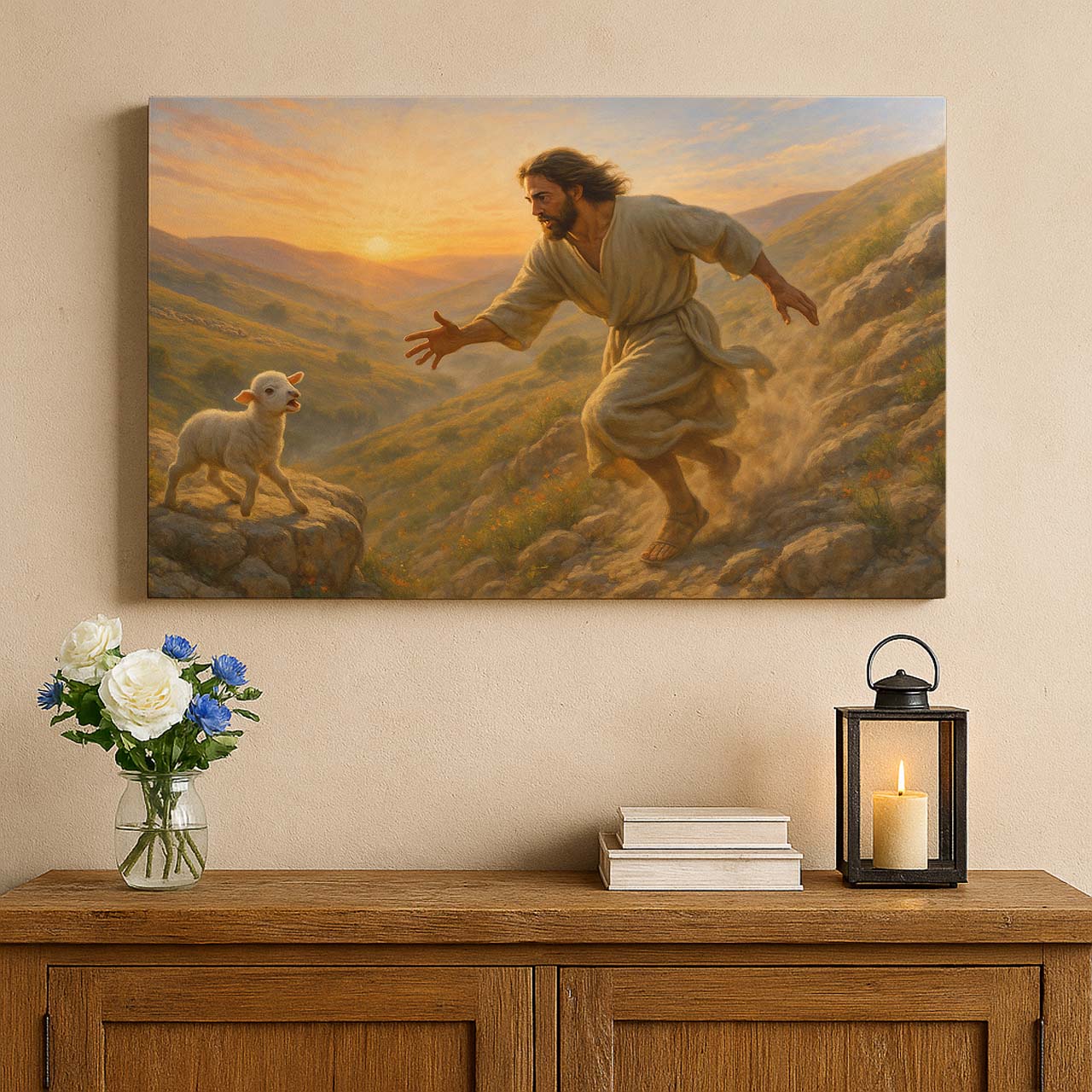 Jesus Holding Lamb Over Green Pasture, Wall Art Canvas