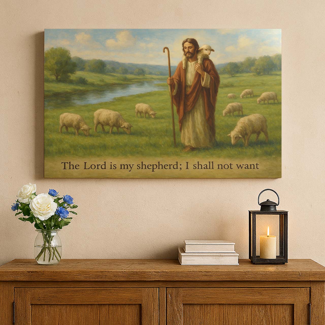 Jesus Carrying Lamb by a River, Wall Art Canvas