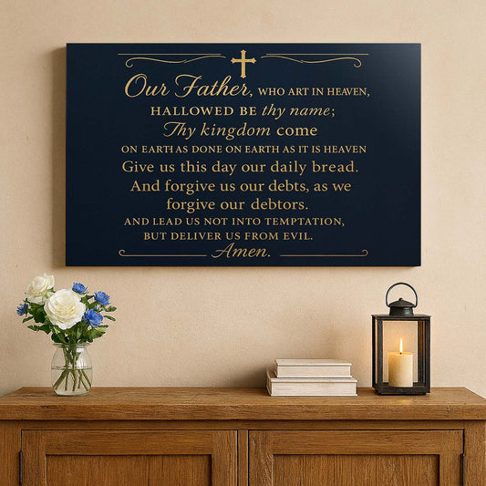 Our Father The Lord’s Prayer in Gold Script on Dark Background, Wall Art Canvas
