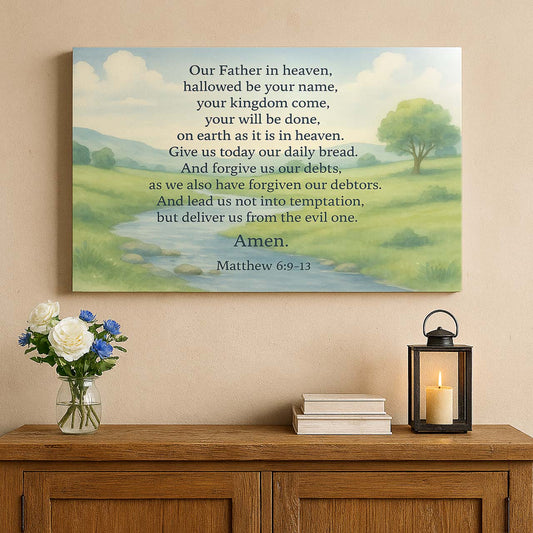 Our Father The Lord’s Prayer Matthew 6:9-13 on Pastoral Landscape, Wall Art Canvas