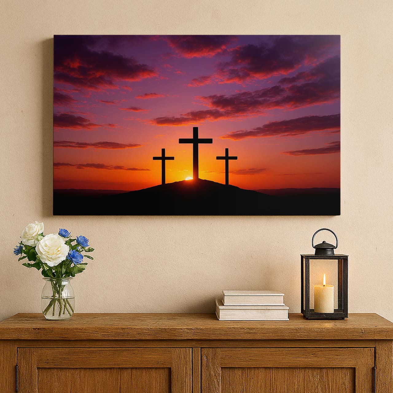 Three Crosses Silhouette at Sunset, Wall Art Canvas