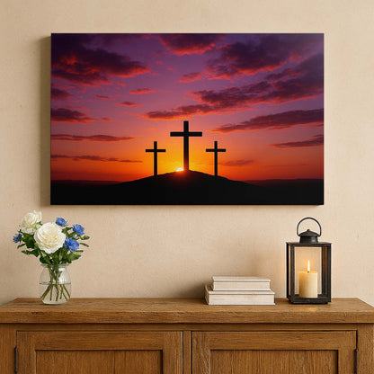 Three Crosses Silhouette at Sunset, Wall Art Canvas