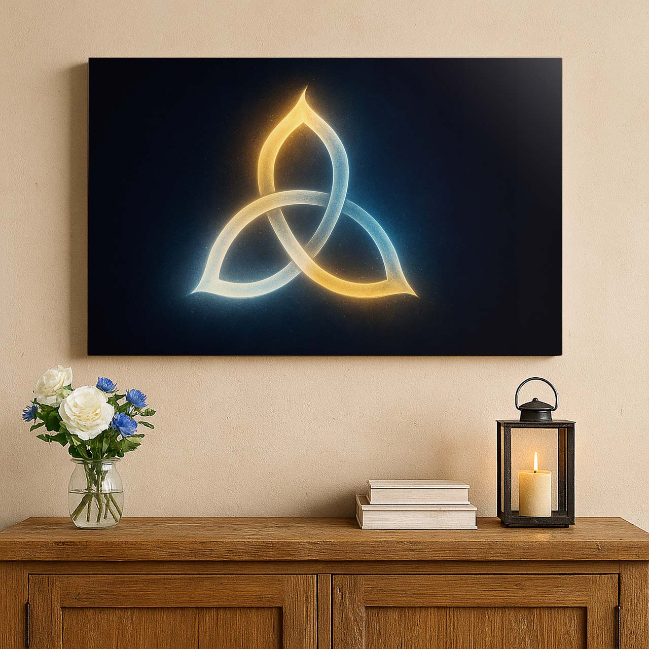 Trinity Knot of Light Glowing Symbol, Wall Art Canvas