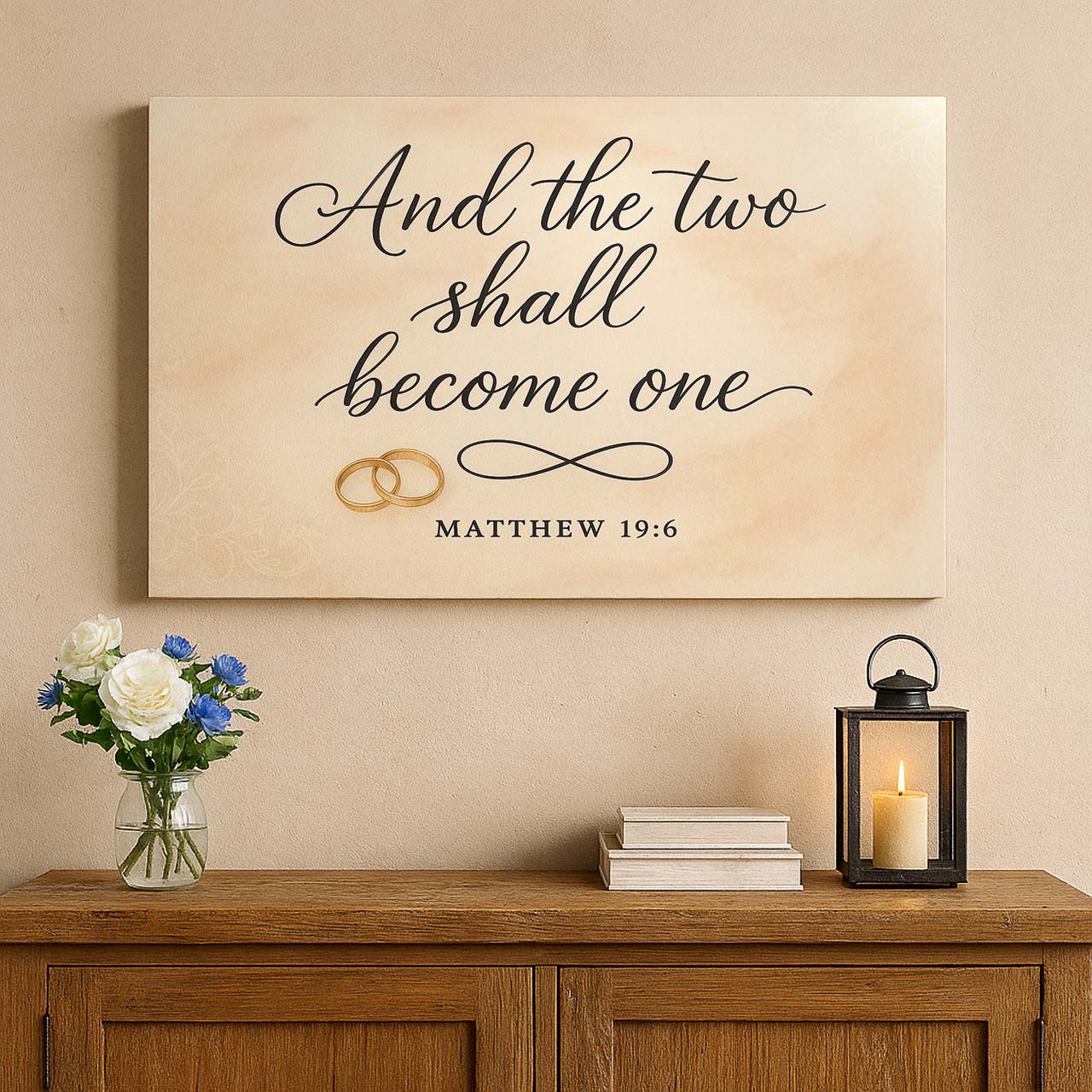 And the Two Shall Become One Matthew 19:6 Wedding Rings Symbol, Wall Art Canvas