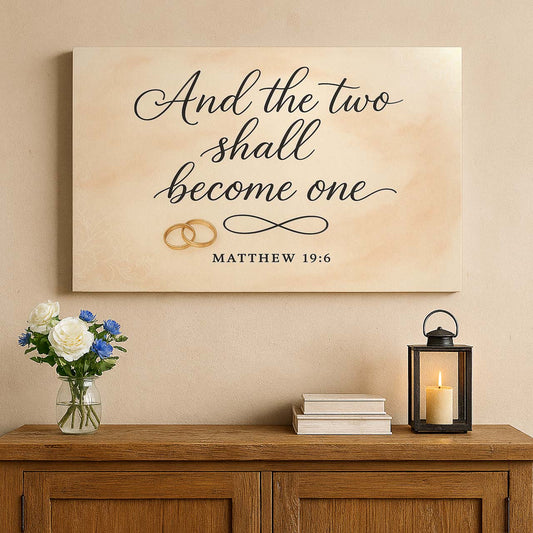 And the Two Shall Become One Matthew 19:6 Wedding Rings Symbol, Wall Art Canvas