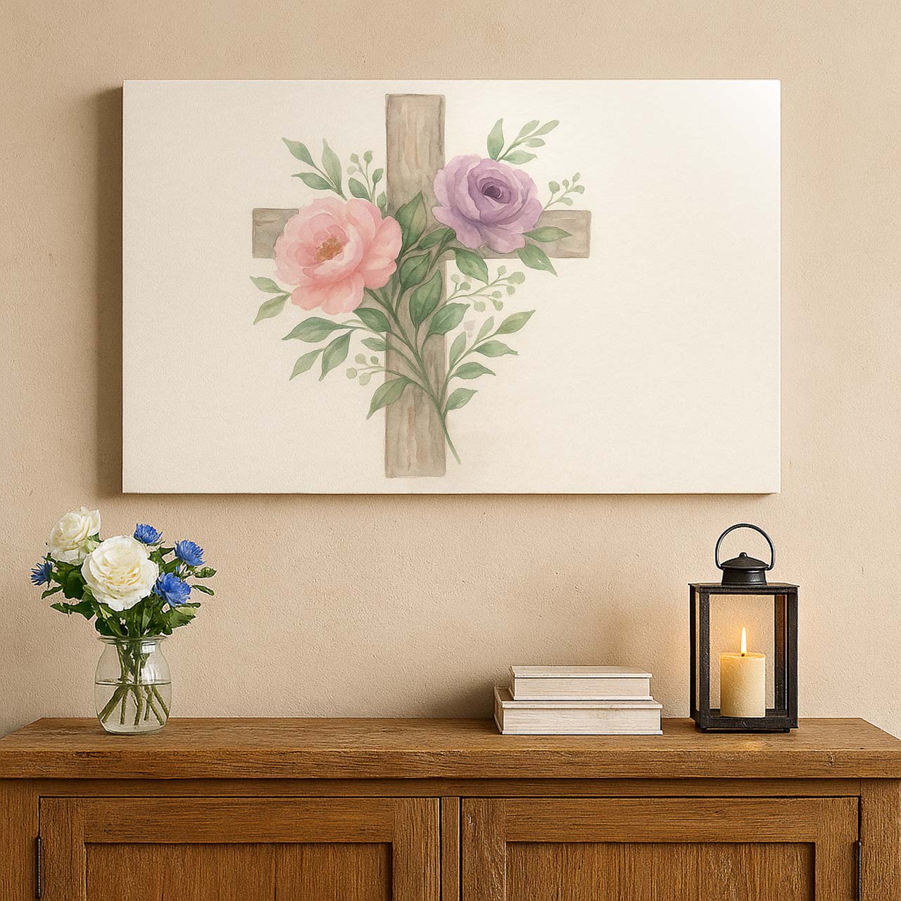 Spring Floral Watercolor Cross, Wall Art Canvas