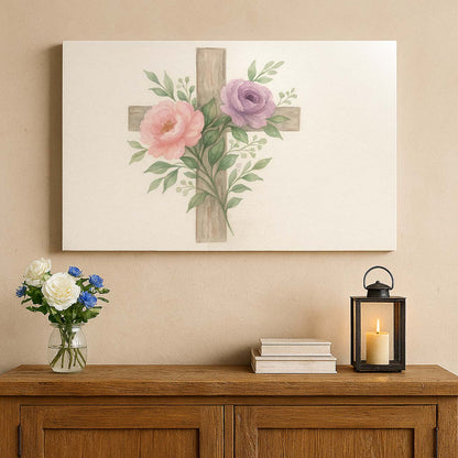 Spring Floral Watercolor Cross, Wall Art Canvas