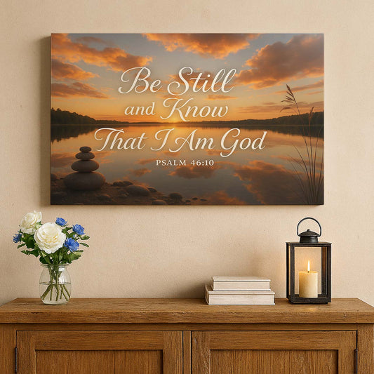Sunset Reflection with 'Be Still, and Know' over a Serene Lake, Wall Art Canvas