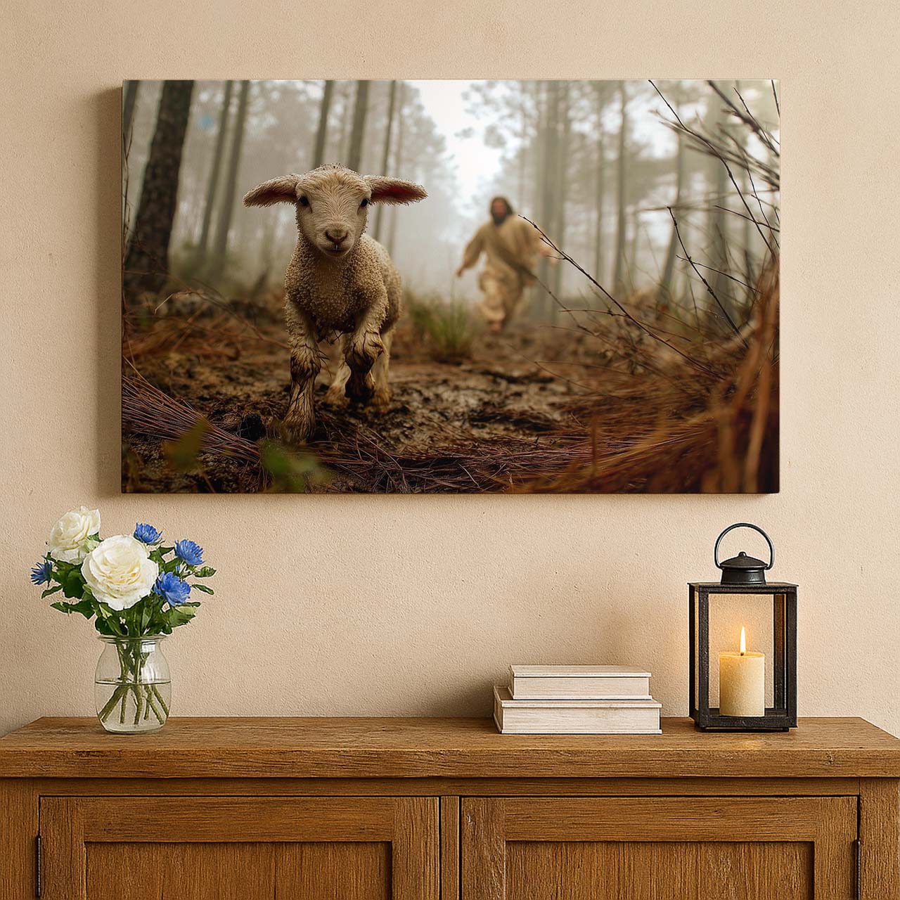 Jesus Running After a Lost Lamb in the Forest, Wall Art Canvas