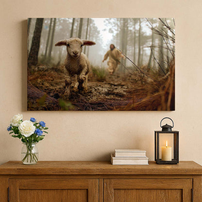 Jesus Running After a Lost Lamb in the Forest, Wall Art Canvas