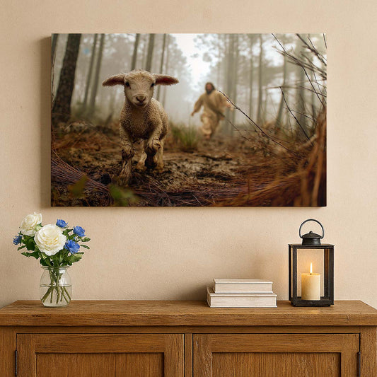 Jesus Running After a Lost Lamb in the Forest, Wall Art Canvas