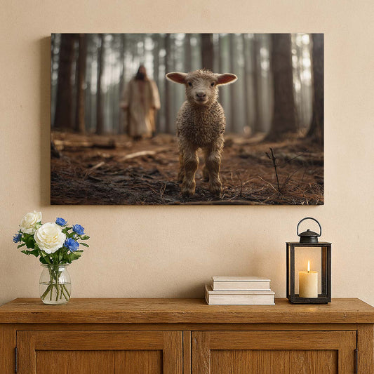 Lost Lamb Standing in the Forest – Christian Wall Art Canvas