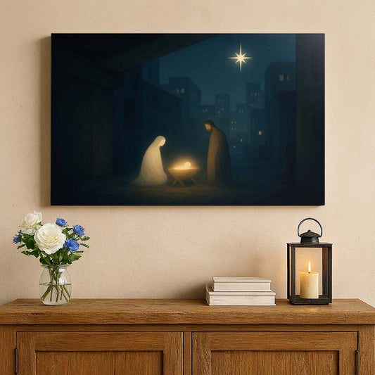 Modern Manger Scene Featuring Mary, Joseph, and Jesus, Wall Art Canvas