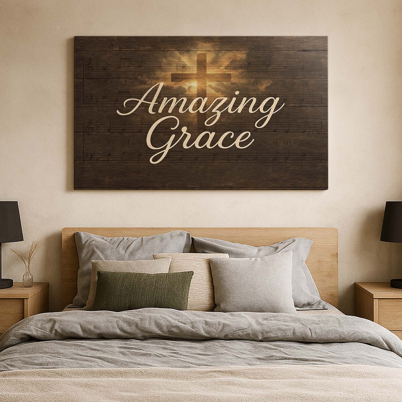 Amazing Grace Hymn Lyrics with Radiant Cross on Wood, Wall Art Canvas