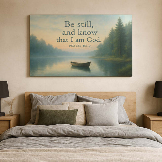 Solitary Boat on a Misty Lake with 'Be Still and Know', Wall Art Canvas