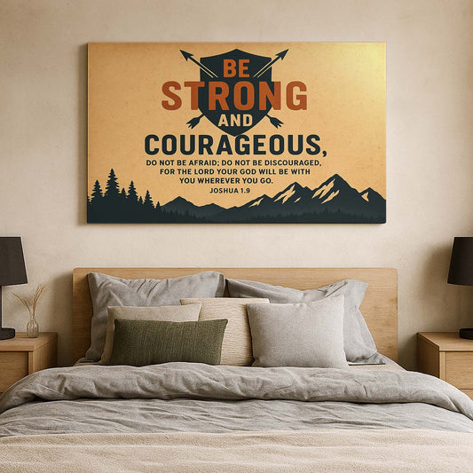 Shield and Mountains with 'Be Strong and Courageous', Wall Art Canvas