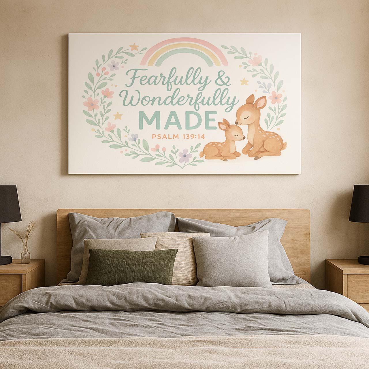 Fearfully & Wonderfully Made Nursery Deer and Rainbow, Wall Art Canvas