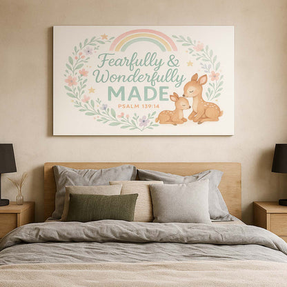 Fearfully & Wonderfully Made Nursery Deer and Rainbow, Wall Art Canvas