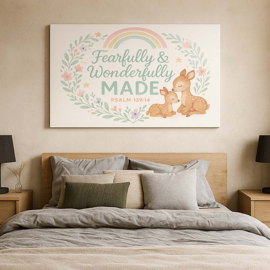 Fearfully & Wonderfully Made Nursery Deer and Rainbow, Wall Art Canvas