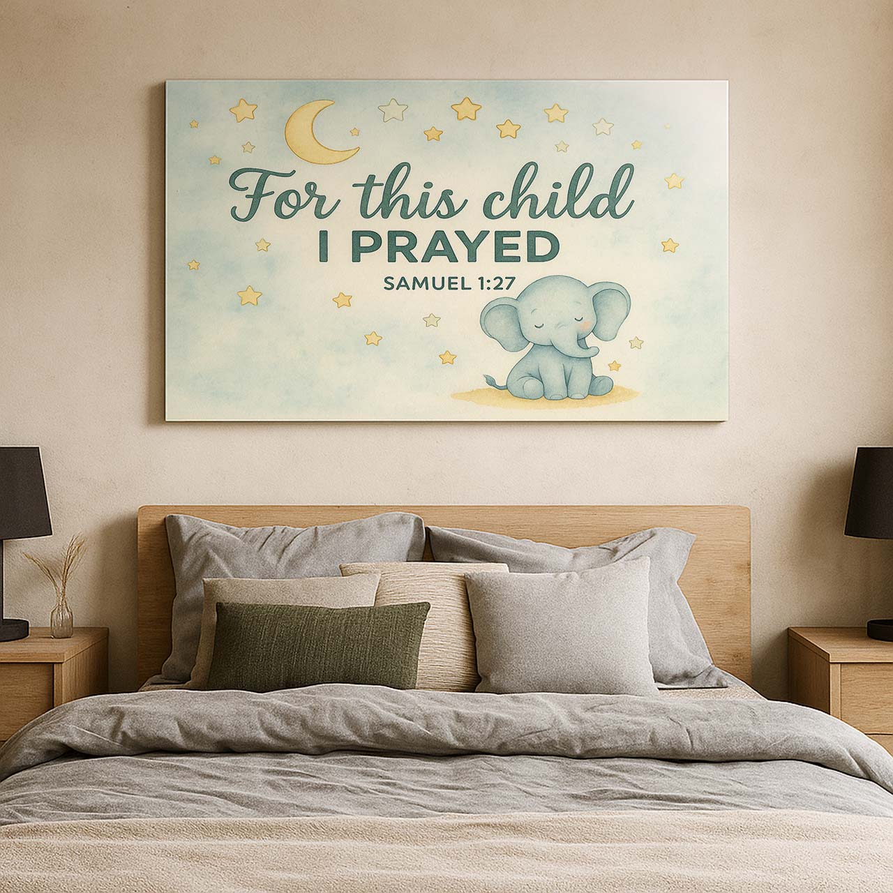 Moon, Stars, and Elephant with ‘For This Child I Prayed’, Wall Art Canvas