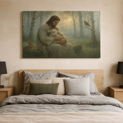 Jesus Embracing a Lamb in a Forest Clearing, Wall Art Canvas