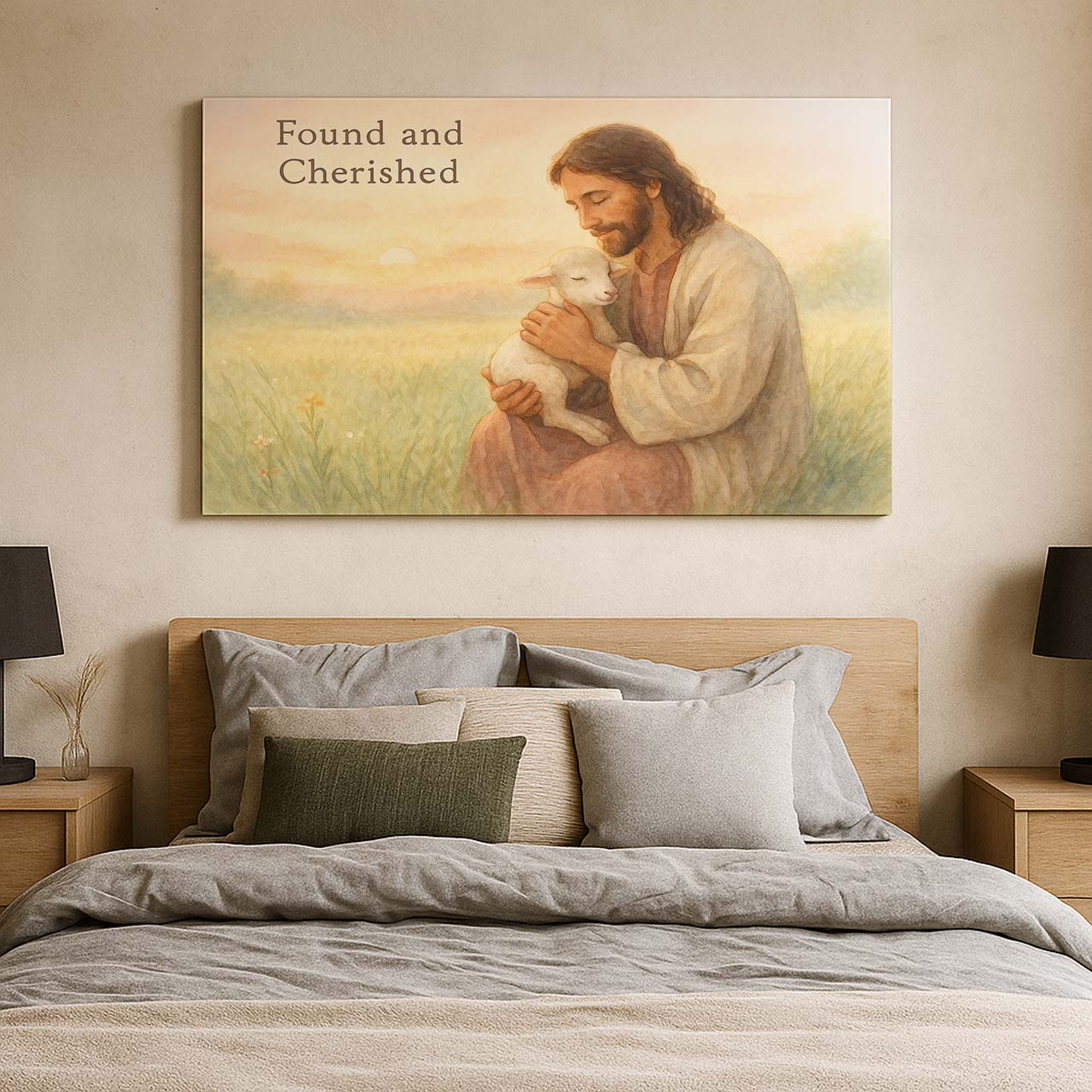Jesus Cherishing a Lamb at Sunrise in a Field, Wall Art Canvas