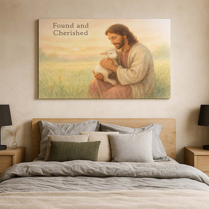 Jesus Cherishing a Lamb at Sunrise in a Field, Wall Art Canvas