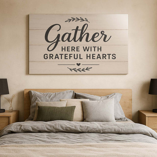Rustic Wood Sign ‘Gather Here with Grateful Hearts’, Wall Art Canvas