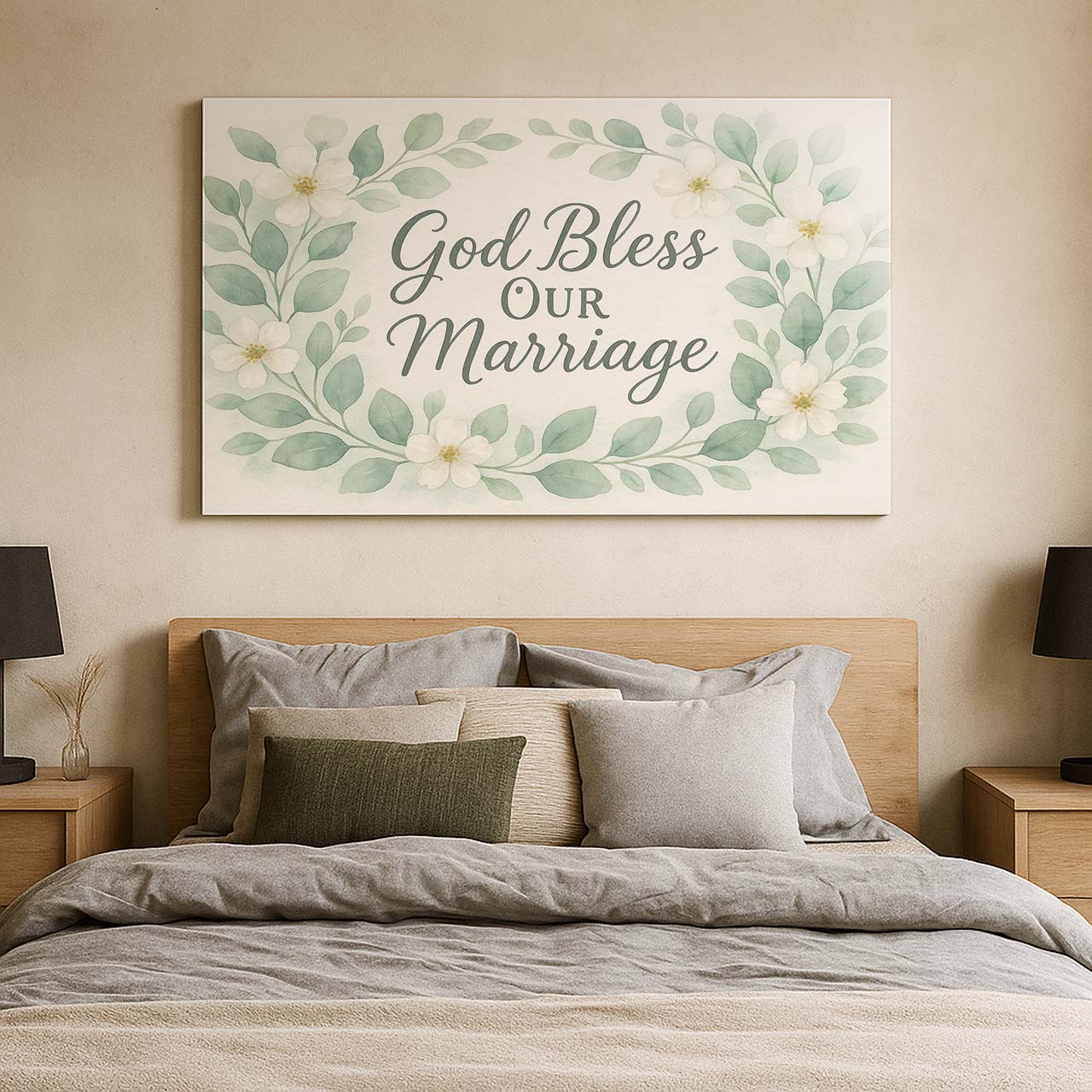Watercolor Floral Wreath ‘God Bless Our Marriage’, Wall Art Canvas