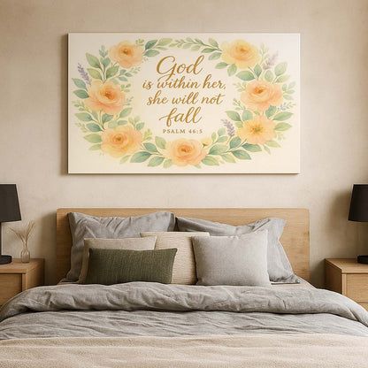 Watercolor Floral Wreath with ‘God is Within Her’ Scripture, Wall Art Canvas