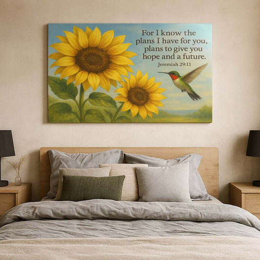 Hummingbird & Sunflowers with Jeremiah 29:11, Wall Art Canvas