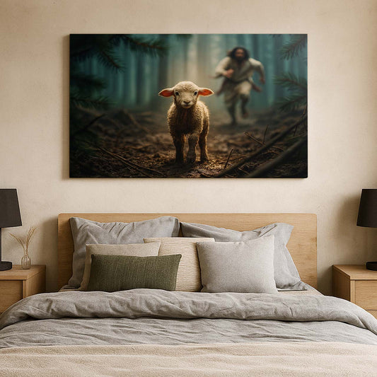 Jesus Chasing a Lost Lamb in the Forest, Wall Art Canvas