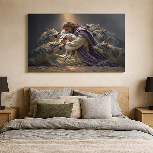 Jesus Embracing the Lamb Surrounded by Wolves – Wall Art Canvas – mock-up 2