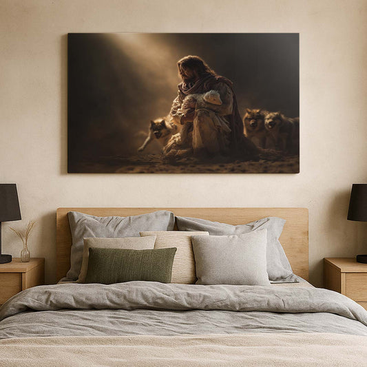 Jesus Shielding the Lamb from Wolves – Christian Wall Art Canvas – mock-up 2